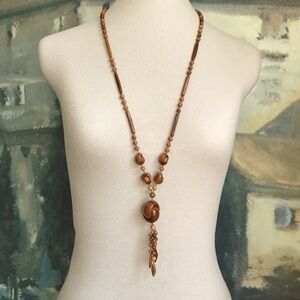 Wooden Beaded Gold Tone Station Link Tassel Drop Necklace